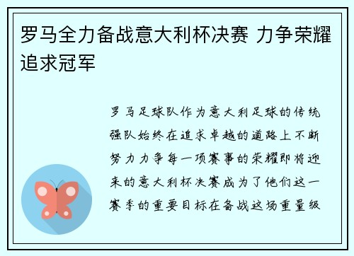 罗马全力备战意大利杯决赛 力争荣耀追求冠军
